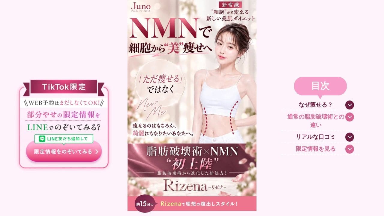 「ただ痩せる」ではなくNMNで細胞から美痩せへ 脂肪破壊術×NMN初上陸 Rizena-リゼナ- 1部位目14,800円(税込) の関連画像 1